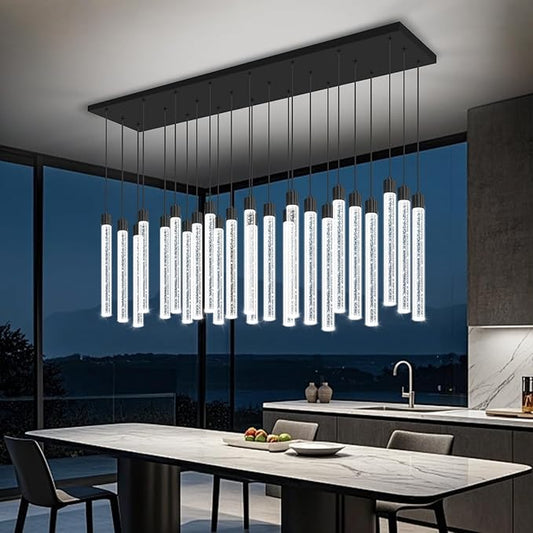24-Lights Black Modern Rectangular Crystal Chandeliers LED Dimmable Pendant Light for Kitchen Island Dining Room Entrance Foyer Living Room Adjustable Height