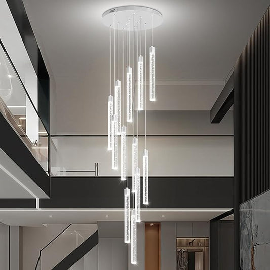 118'' Modern Glam Crystal Column Chandelier for High Ceiling LED Dimmable Pendant Light Staircase Foyer Enterway Living Room Ceiling Chandelier Lighting Silver 12 Lights