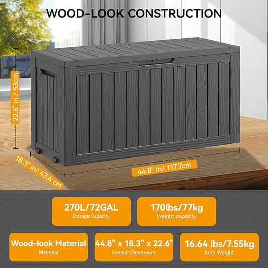 Outdoor Storage Box, Resin Deck Boxes Outdoor Waterproof For Patio Furniture, Garden Tools, Pool Supplies, Durable And UV Resistant, Lockable (72 Gallon, Black)
