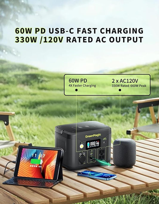 Portable Power Station 330W, Solar Powered Generator with Fast PD Output with 60W Solar Panel, 120V Pure Sine Wave AC Outlet Charging Lithium Battery for Outdoors Camping Travel Home Blackout