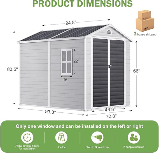 HUSFU 8x6 FT Outdoor Storage Shed with Floor and Lockable Door,Waterproof Resin Tool Shed for Garden, Backyard, Patio,Perfect to Store Patio Furniture,Light Grey