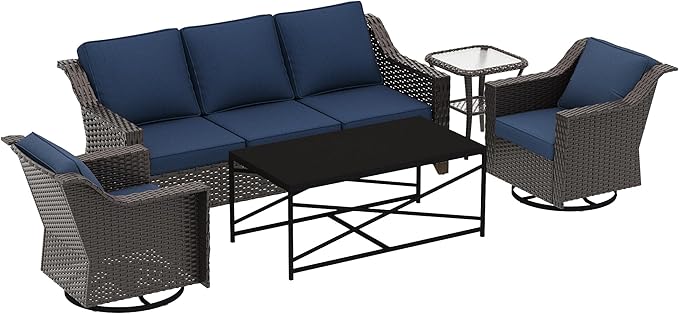 5 Pieces Outdoor Conversation Furniture Set - 77" Patio Sofa, 2 Swivel Rocker Chairs, 1 Side Table, 1 Metal Table, Patio Wicker Couch Set with Washable Cushions for Porch (Navy Blue)