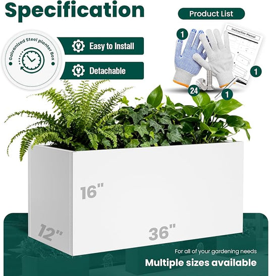 Metal Rectangular Planter White Steel Rectangle Planter Box 36" L x 12" W x 16" H Outdoor Indoor Galvanized Steel Large Planters Modern Commercial Residential for Plants Porch Patio