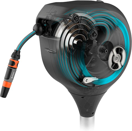 GARDENA 18604 | 50' x 1/2" Automatic Retractable Garden Hose Reel for Outside Use on Metal Spike With Easy Swivel for Simple Watering of Gardens and Grass. Easy Installation in Ground