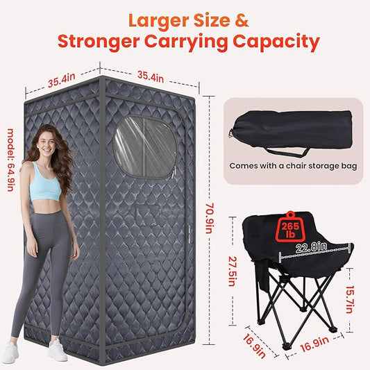Portable Sauna for Home, Upgraded Personal Steam Sauna Box with 3L 1300W Steamer, Folding Chair, Extra Large Size Foldable Home Sauna 3’X 3’X 5.9’, Full Body Sauna Tent for Relaxation Spa, Gray