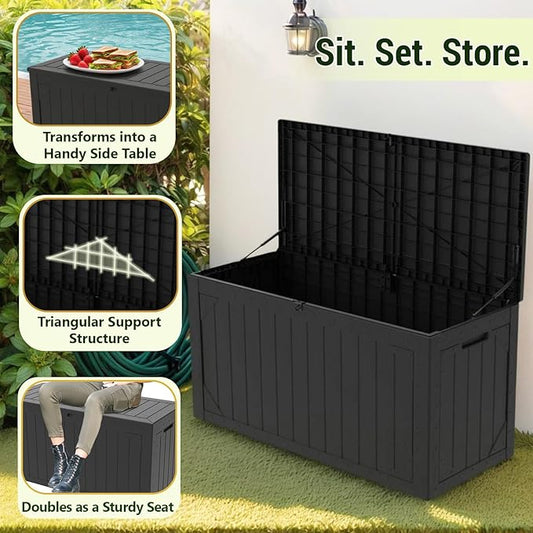 Outdoor Storage Box, 48”×22“-Deck Box Outdoor Storage Bench Outside Waterproof Resin Storage Bench, Lockable Patio Cushions, Garden Tools Storage For Furniture, UV Resistant(Black)