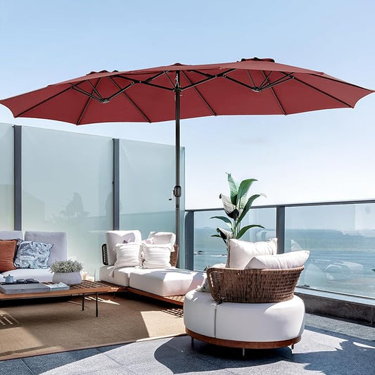 SMUG 15FT Large Patio Umbrella with Base Included, Rectangle Table Umbrella Outdoor Patio, Outside Umbrellas for Deck, Market, Backyard, Wine Red