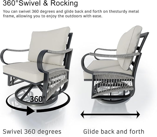 5 Pieces Outdoor Patio Conversation Sets, Outdoor Furniture Set Metal Swivel Rocking Chairs with Side Table, Loveseat Sofa with Coffee Table for Backyard Deck Porch Poolside, Beige