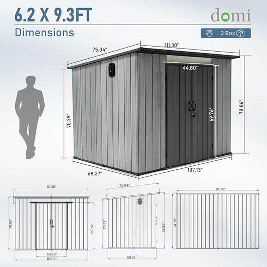 Domi 6.2x9.3 FT Outdoor Resin Storage Shed, All-Weather Double-Wall Storage Building with Sloping Roof for Backyard, Garden, Lawn Tools, Mower, Bike & Pool Equipment, Lockable Doors, Ventilated Roof