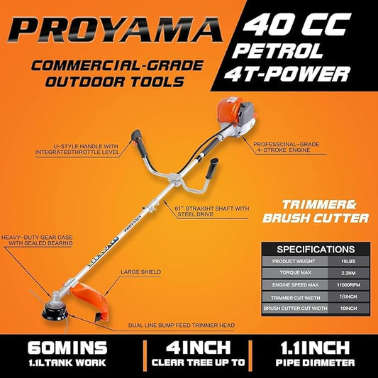 PROYAMA 40cc Gas Powered Brush Cutter, 4-Cycle Heavy Duty Weed Eater, 3 in 1 Dual Line Gas String Trimmer and Grass Trimmer, Weed Wacker