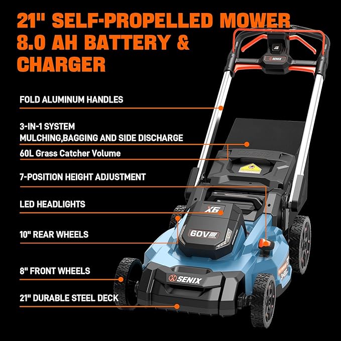 SENIX X6 60 Volt Max* 21-Inch 3-in-1 Cordless Push Lawn Mower,Self-Propelled,with Bagging,Mulching,Side Discharge,Height Adjustment,Smart Display,8Ah Lithium-ion Battery&Charger Included (LPSX6-H)