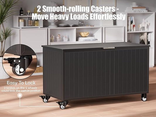Outdoor Storage Box with Wheels 150 Gallon, Metal Deck Boxes Waterproof, UV Resistant Patio Storage Box with Lid for Patio Furniture, Garden Tools (Black)
