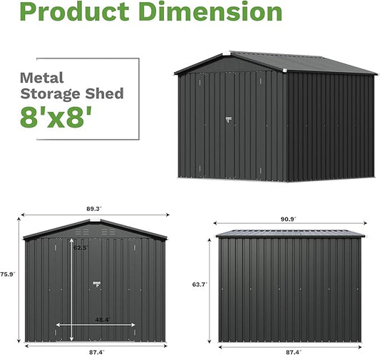 Patiowell 8x8 FT Outdoor Storage Shed, Heavy Duty Tool Storage Sheds with Lockable Doors and Updated Frame Structure for Backyard Patio Lawn, Black
