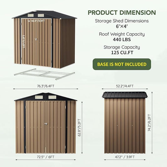 6x4 FT Outdoor Metal Storage Shed, Double Doors,Tool Shed for Garden, Patio, Backyard Brown