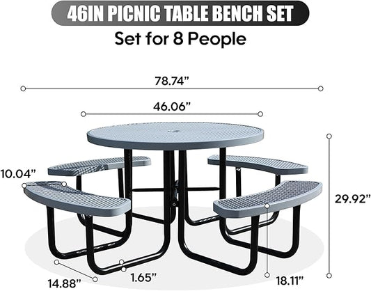 8-Person Outdoor Picnic Tables,46" Heavy-Duty Metal Round Picnic Table,Expanded Metal Commercial-Grade Table with 4 Benches & Umbrella Hole,Waterproof Coating Beach Table for Patio,Garden, Backyard