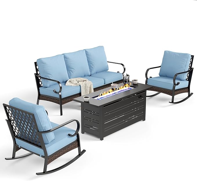 4 Piece Black Metal Outdoor Patio Furniture Sets with Firepit Table, Patio Conversation Sets 1 3-Seater Sofa, 2 Rocking Sofa with 5.75" Thick Cushion Backyard Furniture for Deck, Blue