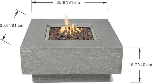 Elementi Manhattan Gas Fire Pit Bundle Concrete Fire Table, Outdoor Fire Pit Electronic Ignition | Canvas Cover, Lava Rock Included | Free AMS Wind Guard | Light Gray (Natural Gas)