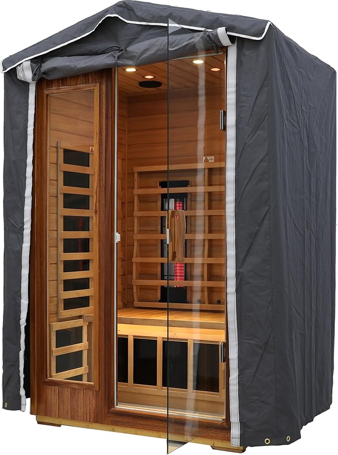 Protective Cover for 2 Person Outdoor Sauna, 3-Layer Oxford Cloth, Hook & Loop Roll-Up Door, Temp Retention & Dustproof - (Only Fits 57.8*40.5*81.1 In & Smaller Outdoor Hillside Roof Saunas )