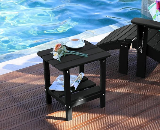 Adirondack Outdoor Side Table, 2-Tier Small Patio End Table, Weather Resistant HDPE Outdoor End Tables for Garden, Lawn, Pool, Beach, Porch, Deck, Backyard - Square, Black