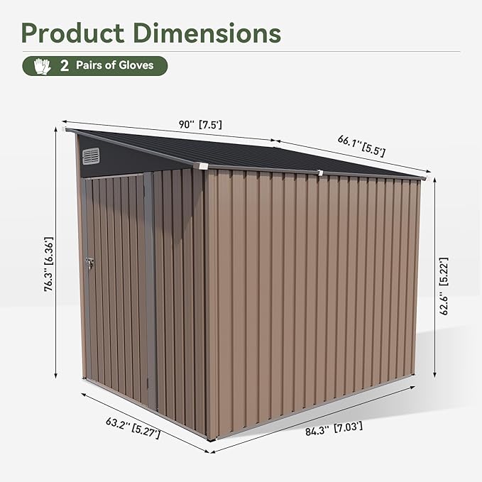7'x5.5' Lean to Shed Large Storage Room Galvanized Steel Storage Sheds with Side Door Waterproof Utility Shed with Sloped Roof for Mower, Bike, Garden Tools (Brown)