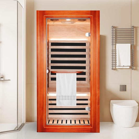 Infrared Sauna, Wood Build Okoume Infrared Saunas for Home, Low EMF 1080W/110V Indoor Sauna Room Sauna Dry Sauna with Tempered Glass Door/Speakers/Air Hole and LED Lighting-1 Person Sauna 32*32*63 IN