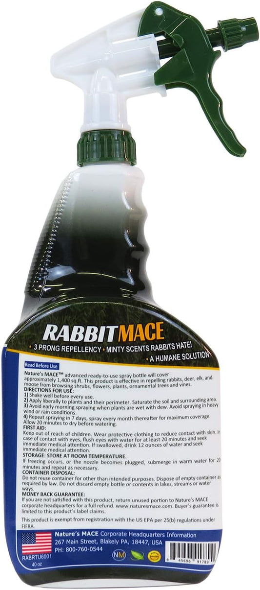 Nature’s Mace Rabbit MACE, Deterrent for Yard, Rabbit Repellent Outdoor, Mint Rabbit Spray, Garden, Lawn, Keep Rabbits Out, 40 oz Ready to Use, Covers 1,400 Sq Ft, Safe Around People, Pets, Plants