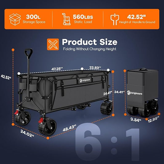 48" L Collapsible Wagon Cart Foldable, 560lbs Weight Capacity 300L Heavy Duty Folding Beach Wagons with Big All-Terrain Wheels, Utility Carts for Groceries, Shopping, Camping, Sports - Grey