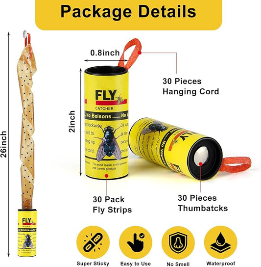 30 Rolls Fly Strips Traps for Home, Sticky Strips, Fly Paper Tape Catcher Ribbon for Gnat Fungus Fruit Flies