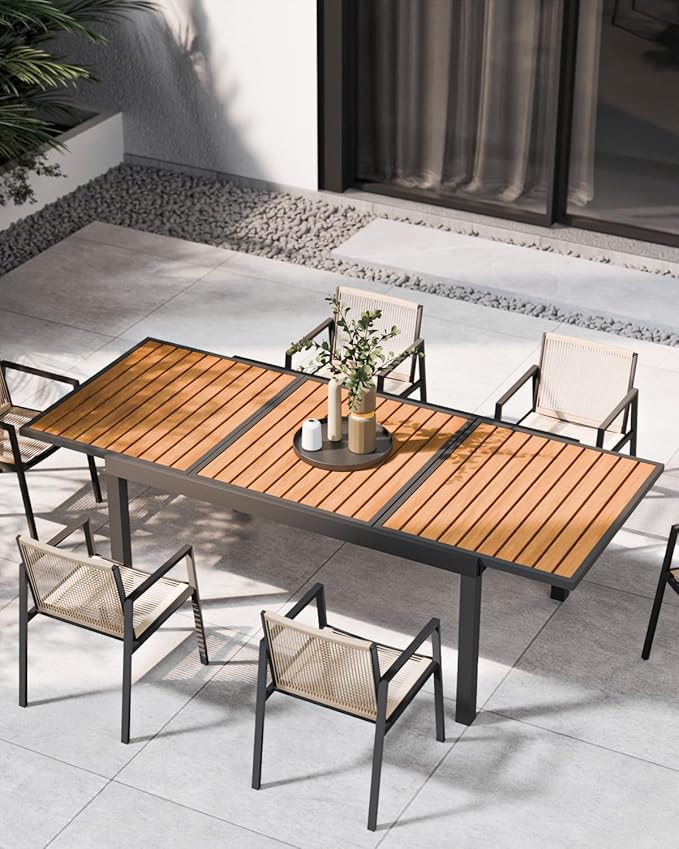 ZANDOR Expandable Patio Dining Table for 4-8 People, Aluminum Outdoor Square Table(55"-82.7") with Safety Lock,Adjustable Height-Wood Grain for Backyard,Garden,Porch, Yard,Poolside,Grey