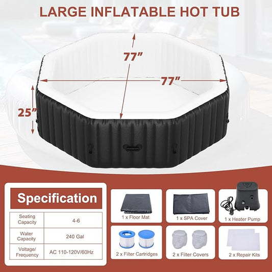 LILYPELLE 4-6 Person Inflatable Hot Tub, Large Octagonal Portable Hot Tub with 130 Bubble Jets, Outdoor Spa Bathtub Set Included Heater Pump, Filter and Insulated Cover, 77" X 77" X 25"