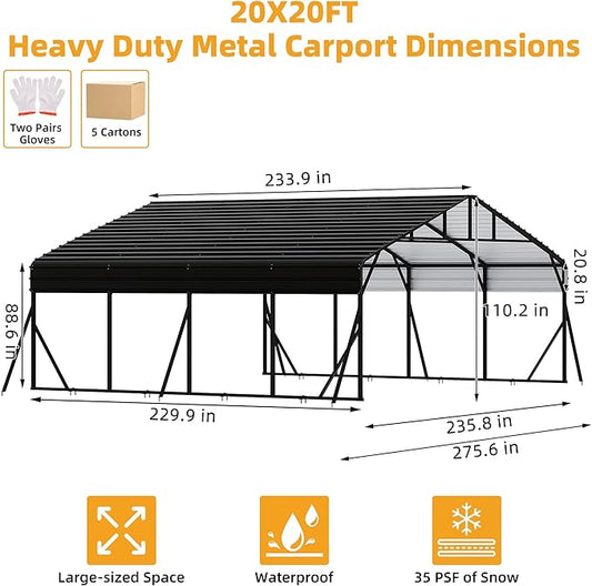 20 x 20 FT Metal Carport with Galvanized Steel Roof, Heavy Duty Metal Roof Carport with Enhanced Base, Tall MetalCarport Kits Garage for Tractors, Trucks, Boats, Cars