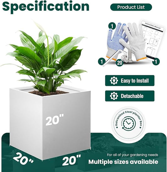 White Outdoor Planter Square Steel Planters Galvanized Steel Planter Box 20 Inch Indoor Metal Large Planters Cube Heavy Duty Modern Commercial Residential for Trees Patio Yard Garden