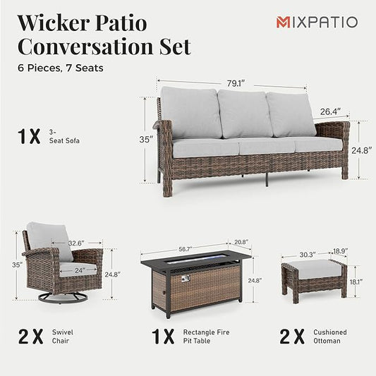 6-Piece Wicker Patio Furniture Set with Swivel Chairs, High Back Outdoor Furniture with Fire Pit Table and Ottoman, All-Weather Wicker Patio Conversation Set for Deck Yard Pool, Grey