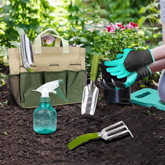 Garden Tools Set with 3 Aluminum Gardening Tools, 1 Pruning Shear, 1 Mister Spray Bottle, 1 Foam Kneeler,1 Garden Gloves with Claws and 1 Gardener Bag, Gifts for Mom Dad