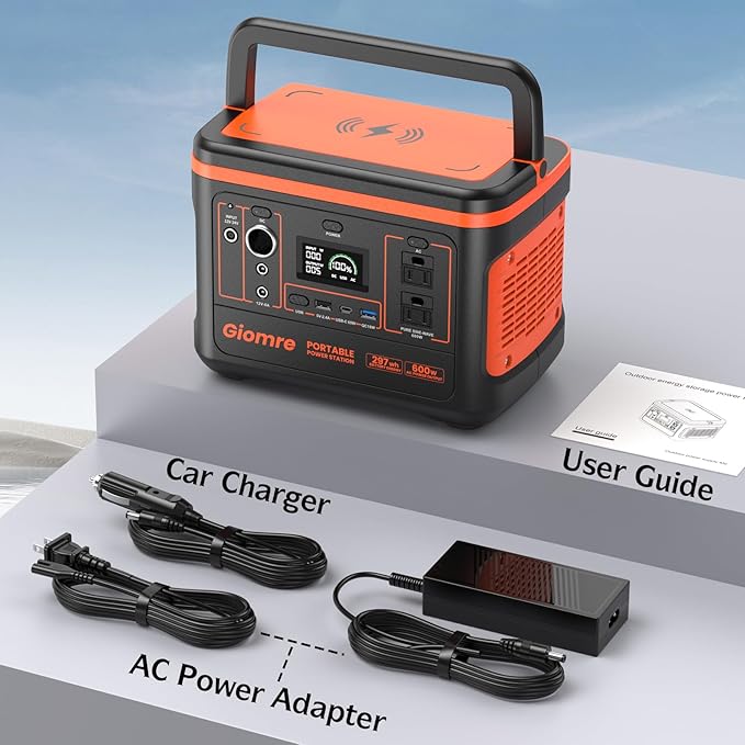Giomre Portable Power Station, 297Wh Backup Lithium Battery Generator with 600W AC Output and 120W Fast Charging, Solar Generator for Outdoors Camping, Travel Emergency, Home Blackout