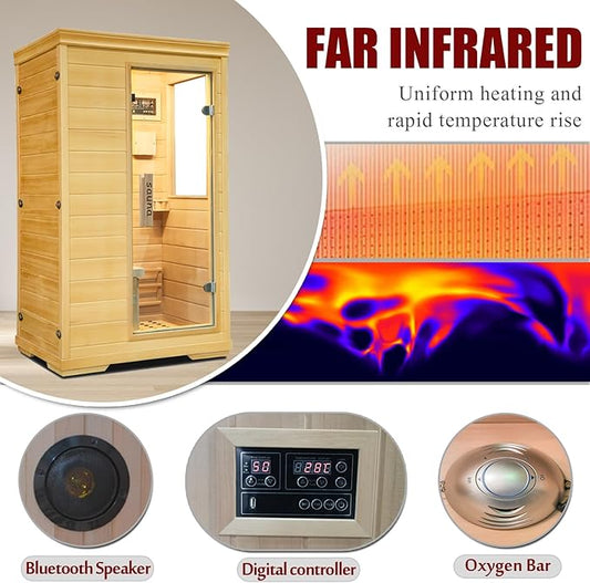 Far Infrared Sauna,1 Person Indoor Side-Opening Home Sauna Canadian Hemlock Wood Dry Sauna 1050W Carbon Heating Panels Infrared Home Spa