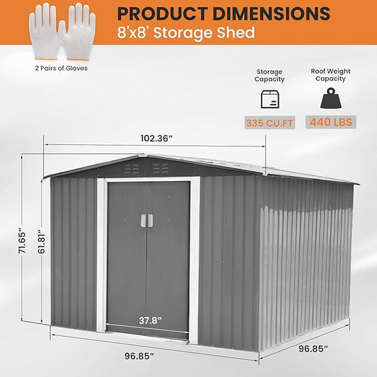 8x8 FT Metal Shed Garden Outdoor Storage Shed Updated Frame Structure with Lockable Sliding Door, Steel Anti-Corrosion Outside Sheds Waterproof for Backyard, Pool, Patio, Light Gray