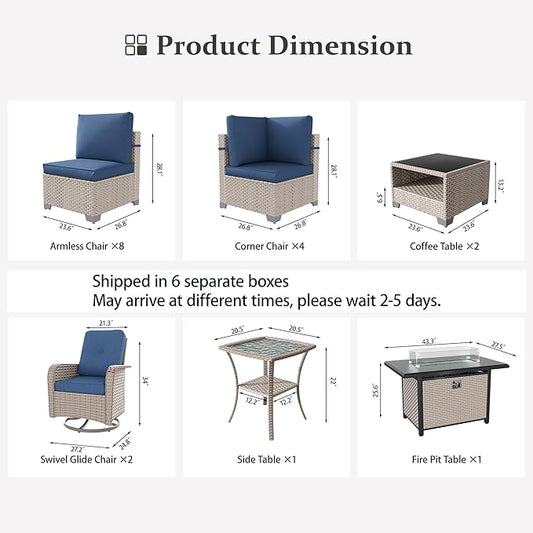 18 Pieces Patio Furniture Set with Fire Pit Table, Outdoor Sectional Wicker Sofa with Thick Cushions, High Back Swivel Rocker Patio Chairs, Rattan Conversation Set with Coffee Table, Navy