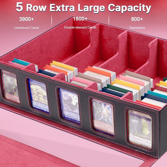 5-Row 3900+ Trading Card Storage Box for MTG, Card Deck Box with Snap-fit Design, 5 Card Sleeves, 10 Stoppers, 80 Dividers and 1 Dice Tray (Black-Red)