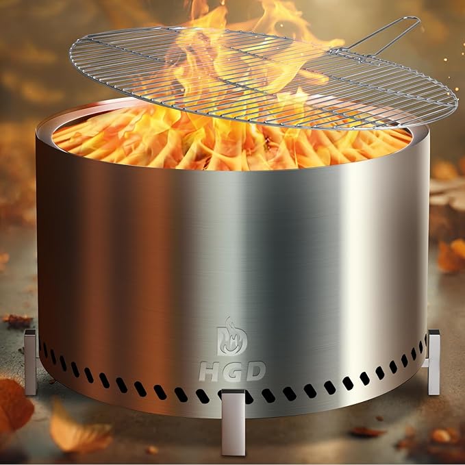 HGD 27.5" Smokeless Fire Pit Outdoor, Stainless Steel Wood Burning Firepit with Secondary Combustion, Backyard Patio Stove for Garden, BBQ & Bonfire