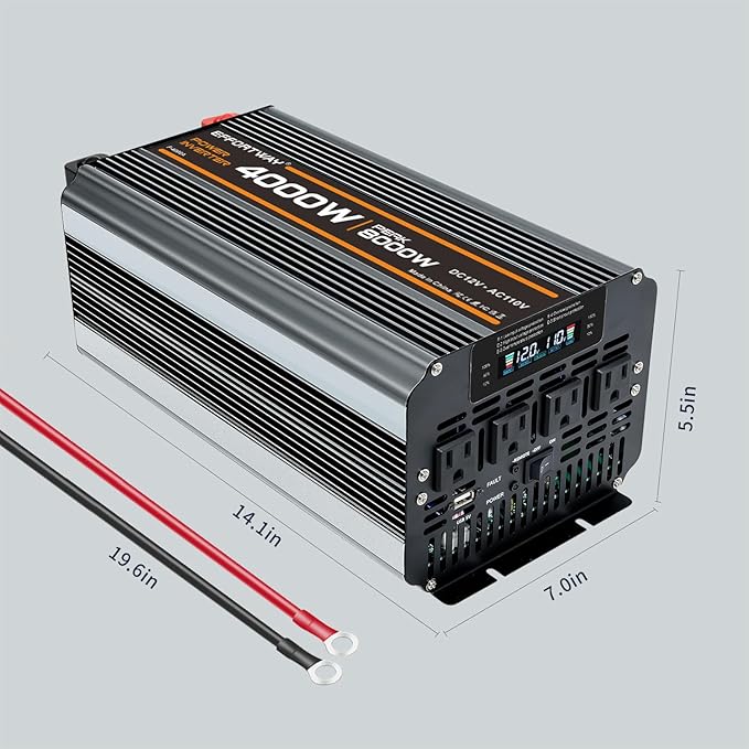 4000w Power Inverter DC 12V to AC 110V/120V Converter with 8000w Peak.Comes with LCD Display, Wireless Controller,4AC outlets 1USB.RV Inverter,Suitable for Camping,and Off-Grid Solar Inverter Systems