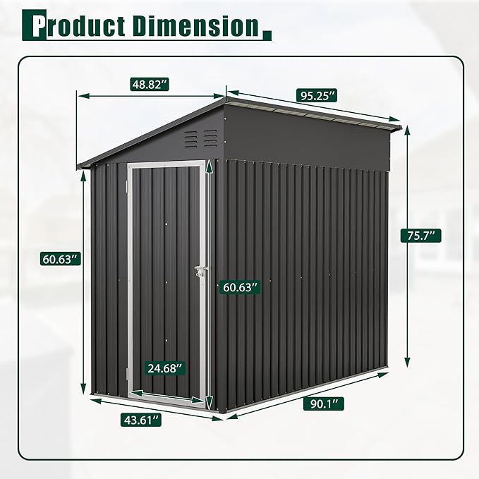 8x4 FT Outdoor Storage Shed, Metal Shed with Lockable Door, Sloping Roof, All-Weather Lean to Resin Shed for Garden, Backyard, Patio, Lawn (Black)