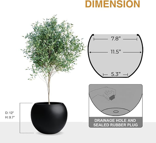 9.7" H x 12" D Globo Fiberstone Round Planter - Christmas Tree Planter, Smooth Finishes, Weather Resistant for Indoor & Outdoor Use, Included 2 Extra Coco Mats (Black, 7.8" Pot Opening)