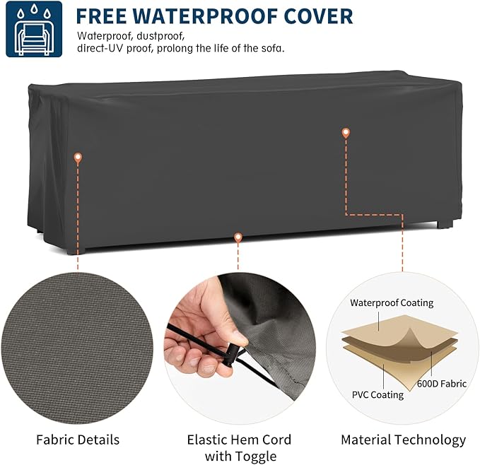 UDPATIO 3-Seat Patio Sofa Outdoor Aluminum Patio Furniture with 5" Thick Cushion and Waterproof Cover