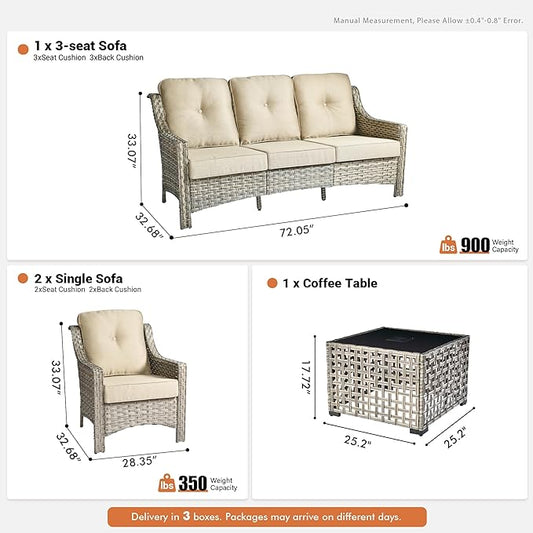 4 Pieces Patio Outdoor Furniture Set,All Weather Wicker Rattan Patio Seating Sofa and Chair Set w/ 3-Seater Sofa and Glowing Coffee Table,Outdoor Conversation Sets for Deck Yard Garden,Beige