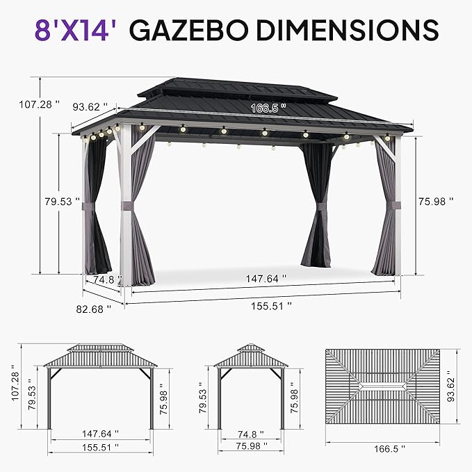 PURPLE LEAF 8' X 14' Outdoor Gazebo Galvanized Steel Double Roof White Aluminum Frame Hardtop Heavy Duty Gazebo with Curtain and Netting for Patio Garden and Backyard, Grey