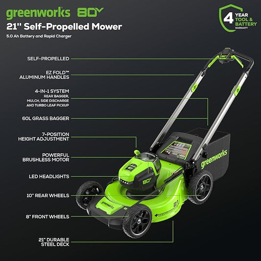 Greenworks 80V 21" Self-Propelled Lawn Mower (Gen 2), 8.0Ah Battery