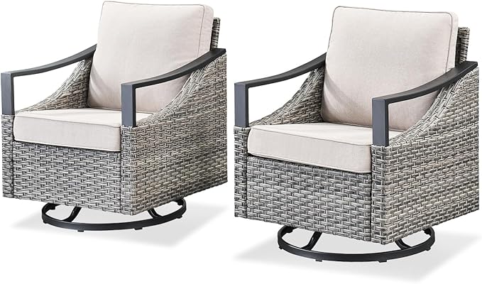 Swivel Outdoor Rocker Patio Chairs - Outdoor Swivel Rocking Chairs Set of 2, Wicker Chair Patio Furniture Sets with Removable Cover Thick Cushions for Porch Balcony Deck Gray/Beige