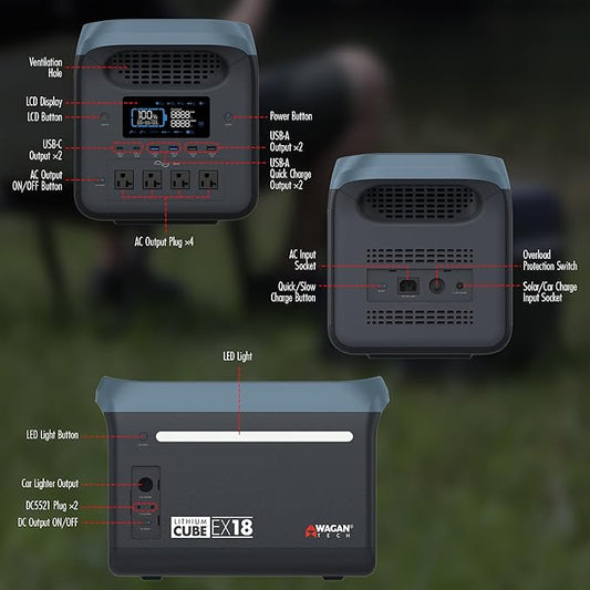 Wagan EL8840 Portable Power Station EX18 Lithium Cube Solar Generator 1229Wh LiFePO4 Battery Fast Charge 1800W 3000W peak AC 100W USB-C for Home Backup, Power Outages, Outdoor Camping, Off-grid