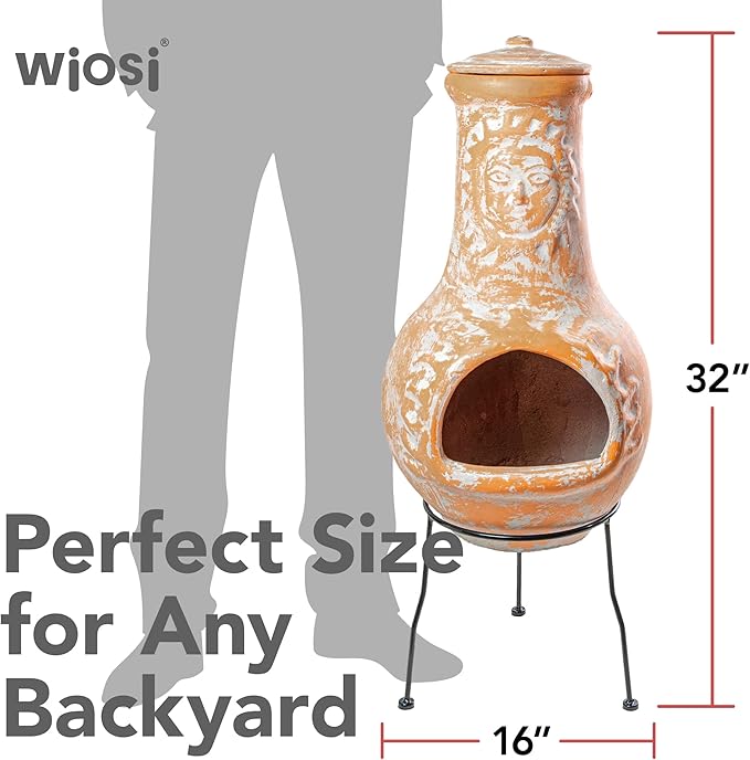 Wiosi Medium ๐๐ต๐ถ๐บ๐ถ๐ป๐ฒ๐ฎ Outdoor Fireplace Clay Chimineas with Chimney Rain Lids and Solid Metal Stands - Yellow Terracotta Chimenea - Rustic Fire Pit Chimnea 16 x 16 x 32-inch